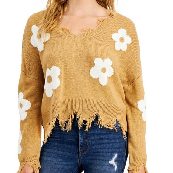 Just Polly Distressed Flower Sweater‎ L Purple Lavender V-Neck Daisy - Picture 7 of 7